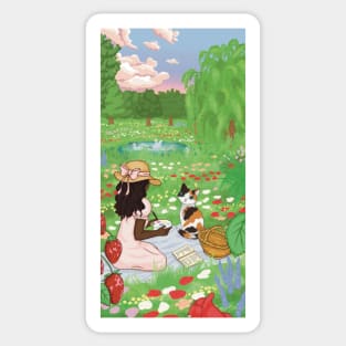 cottagecore illustration girl and cat picnic meadow Sticker